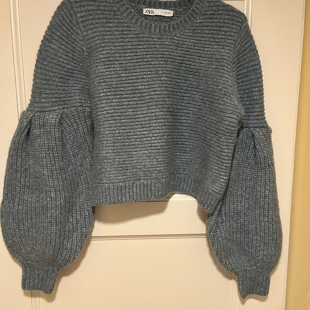 Zara cropped sweater size large with exaggerated sleeves and silver thread.